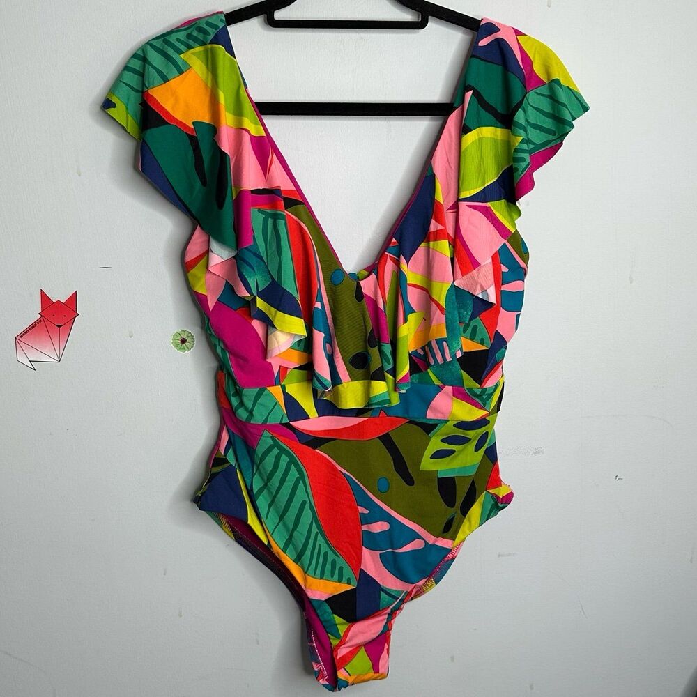 Trina Turk Colorful Abstract Print 1 Pc Ruffle V-Neck Swimsuit Size 10 NWOT